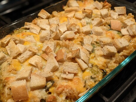 3 cheese pasta with brussel sprouts, lemon, green onion, & sourdough croutons
