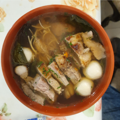 Shoyu Ramen with fish balls, and pork toping